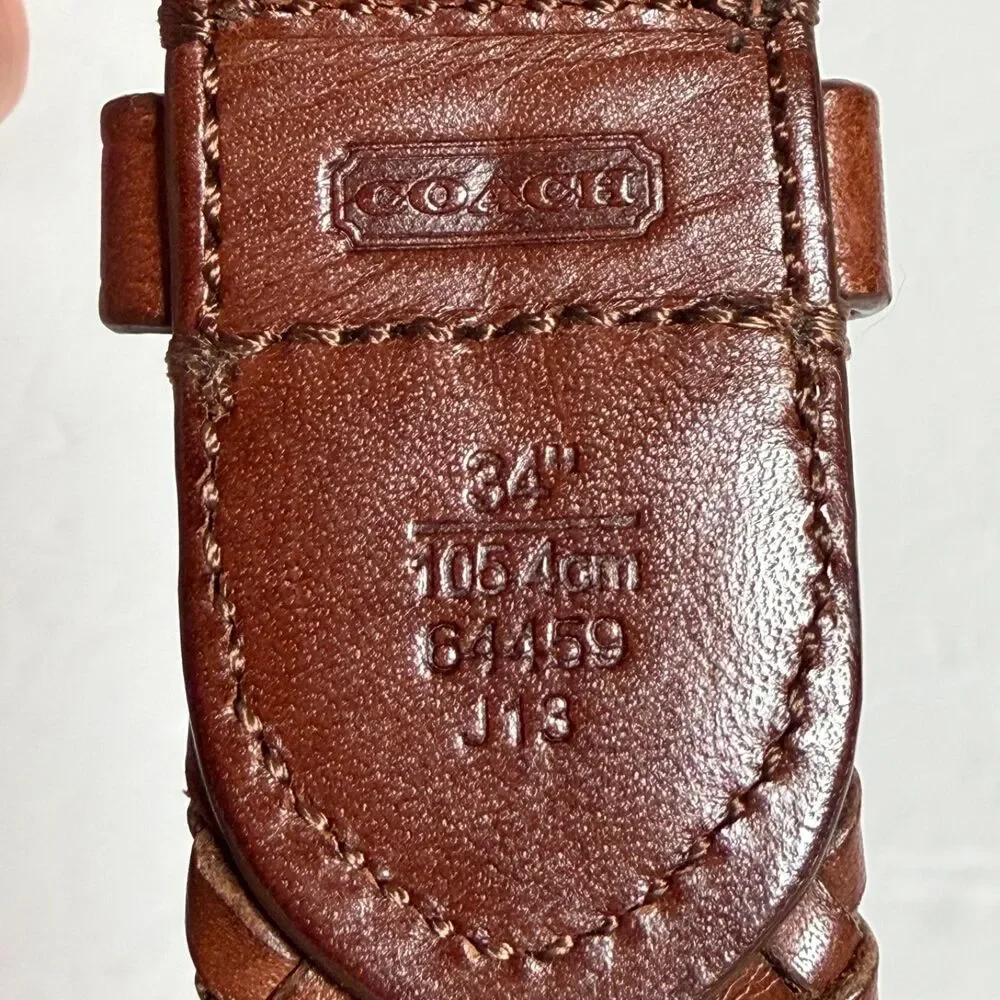 Coach 64459 Brown Braided Woven Leather Belt Size 34 Silver Tone Buckle 48